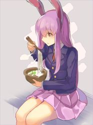 Rule 34 | 1girl, puff of air, animal ears, bad id, bad twitter id, blazer, bowl, breasts, chopsticks, commentary request, falken (yutozin), feet out of frame, food, grey background, hair between eyes, hand up, holding, holding bowl, holding chopsticks, jacket, long hair, long sleeves, medium breasts, miniskirt, necktie, noodles, one-hour drawing challenge, parted lips, pink skirt, pleated skirt, purple hair, rabbit ears, red eyes, red necktie, reisen udongein inaba, shirt, sidelocks, simple background, sitting, sketch, skirt, solo, thighs, touhou, very long hair, white shirt