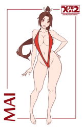 Rule 34 | 1girl, areola slip, barefoot, breasts, brown eyes, brown hair, character name, contrapposto, fatal fury, female focus, flat color, full body, gluteal fold, hand on own hip, large breasts, looking at viewer, matching hair/eyes, navel, open mouth, ponytail, shiranui mai, slingshot swimsuit, solo, standing, swimsuit, the king of fighters, watermark, web address, white background, x-t3al