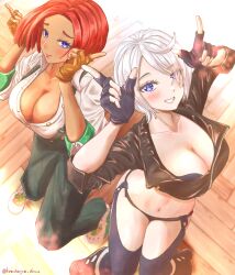 Rule 34 | 2girls, angel (kof), arc system works, blue eyes, breasts, cleavage, fingerless gloves, giovanna (guilty gear), gloves, guilty gear, highres, large breasts, multiple girls, navel, red hair, revealing clothes, smile, snk, the king of fighters, white hair