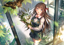 Rule 34 | 1girl, :o, blue eyes, brooch, brown hair, bug, butterfly, floating hair, flower, from above, from outside, hair between eyes, hair ribbon, highres, holding, holding flower, insect, jewelry, liiko, lily (flower), long hair, long sleeves, miniskirt, open mouth, original, plant, pleated skirt, rain, red ribbon, ribbon, shirt, skirt, solo, standing, thighhighs, very long hair, vest, white flower, white shirt, white thighhighs, window, zettai ryouiki