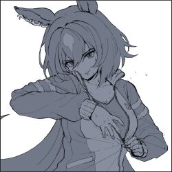 Rule 34 | 1girl, animal ears, border, breasts, cleavage, collarbone, greyscale, hair between eyes, hands up, highres, horse ears, jacket, long hair, long sleeves, looking at viewer, monochrome, no nose, open clothes, open jacket, shiro3necro, shirt, sirius symboli (umamusume), small breasts, smile, solo, sweat, tracen training uniform, track jacket, umamusume, unzipping, upper body, very long hair