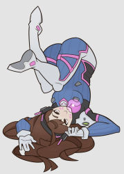 Rule 34 | 1girl, ahoge, arm up, bodysuit, breasts, brown eyes, brown hair, blowing bubbles, chewing gum, clenched hand, d.va (overwatch), emblem, facial mark, flat color, full body, gloves, grey background, hair spread out, hand up, head tilt, headphones, highres, legs up, long hair, looking at viewer, looking back, open hand, overwatch, overwatch 1, parted bangs, simple background, solo, splashbrush, transparent, upside-down, whisker markings