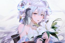 Rule 34 | 1girl, bare shoulders, bow, crystal, dress, flower, grey eyes, hair between eyes, hair bow, holding, holding flower, horns, lace, lily (flower), long hair, looking at viewer, nail polish, original, parted lips, silver hair, simple background, sleeveless, sleeveless dress, solo, sweat, twintails, upper body, yueko (jiayue wu)