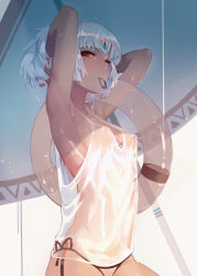 Rule 34 | 10s, 1girl, absurdres, altera (fate), arm up, armpits, arms up, beach umbrella, bikini, bikini bottom only, breasts, cleft of venus, convenient censoring, dark-skinned female, dark skin, fate/extella, fate/extra, fate (series), hair tie, hair tie in mouth, highres, innertube, looking at viewer, mouth hold, nipples, out-of-frame censoring, perky breasts, red eyes, reroi, see-through, short ponytail, side-tie bikini bottom, silver hair, small breasts, solo, sweat, swim ring, swimsuit, tank top, tying hair, umbrella