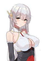 Rule 34 | 1girl, absurdres, azur lane, bare shoulders, black sleeves, blush, breasts, closed mouth, detached sleeves, hair ornament, hermione (azur lane), hermione (pristine herbalist) (azur lane), highres, large breasts, long hair, long sleeves, looking at viewer, maanu, official alternate costume, silver hair, simple background, solo, upper body, white background, yellow eyes