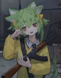 Rule 34 | 1girl, ak-47, animal ears, assault rifle, black necktie, blood, blood on clothes, blood on face, bow, cat ears, cat tail, character request, collared shirt, copyright request, double-parted bangs, fang, green hair, gun, hair between eyes, hair bow, hands up, head tilt, heterochromia, highres, holding, holding gun, holding weapon, kalashnikov rifle, light smile, long hair, long sleeves, looking at viewer, low twintails, multiple animal ears, necktie, open mouth, outdoors, red eyes, rifle, shirt, skin fang, solo, sweater, tail, tsurami96, twintails, upper body, weapon, white shirt, yellow bow, yellow eyes, yellow sweater