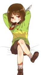 Rule 34 | androgynous, bad id, bad twitter id, blush stickers, brown footwear, brown hair, brown shorts, candy, chara (undertale), chocolate, chocolate bar, commentary request, food, gender request, green shirt, heart, heart necklace, highres, holding, holding knife, jewelry, knife, koretsuna, loafers, necklace, red eyes, shirt, shoes, short hair, shorts, simple background, sitting, socks, solo, striped clothes, striped shirt, undertale, white background, white socks