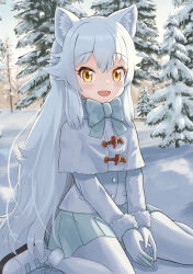 Rule 34 | 1girl, animal ears, arctic fox (kemono friends), asama fumi, blue bow, blue bowtie, blue skirt, blush, boots, bow, bowtie, capelet, clasp, fox ears, fox girl, fox tail, fur trim, gloves, hair between eyes, highres, jacket, kemono friends, kemono friends 3, long hair, long sleeves, looking at viewer, open mouth, orange eyes, pantyhose, pleated skirt, sidelocks, sitting, skirt, smile, solo, tail, wariza, white capelet, white footwear, white fur, white gloves, white hair, white jacket, white pantyhose