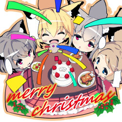 Rule 34 | 4girls, :d, ^ ^, animal ears, blonde hair, blush, blush stickers, cake, chestnut mouth, chibi, christmas, closed eyes, dress, facing viewer, food, fox ears, fox girl, fox tail, fruit, grey hair, hair between eyes, hair ornament, hairclip, kotatsu, light brown hair, looking at viewer, merry christmas, multiple girls, open mouth, original, parted lips, party popper, pink dress, plate, purple eyes, red eyes, smile, strawberry, streamers, table, tail, turkey (food), yuuji (yukimimi)
