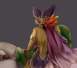 Rule 34 | 1boy, 1girl, armlet, asymmetrical clothes, back, backless outfit, bare shoulders, cape, cia (hyrule warriors), dark skin, from behind, hyrule warriors, link, mask, neaze, nintendo, solo focus, the legend of zelda