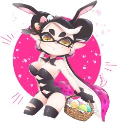 Rule 34 | + +, 1girl, animal ears, artist name, basket, black collar, black gloves, black hair, black leotard, black thighhighs, breasts, brown eyes, callie (splatoon), cleavage, closed mouth, collar, commentary, cowboy shot, cropped legs, detached collar, earrings, easter, easter egg, egg, english commentary, fake animal ears, fake tail, gloves, gradient hair, hair ornament, highres, holding, holding basket, inkling, jewelry, leotard, long hair, looking at viewer, medium breasts, mole, mole under eye, multicolored hair, navel, nintendo, okome 2g2g, playboy bunny, pointy ears, purple hair, rabbit ears, rabbit tail, signature, smile, solo, splatoon (series), standing, strapless, strapless leotard, swept bangs, tail, tentacle hair, thighhighs, very long hair