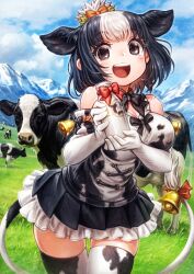 Rule 34 | 1girl, :d, animal ears, animal print, bare shoulders, bell, black bow, black bowtie, black hair, black skirt, blush, bottle, bow, bowtie, breasts, cow, cow ears, cow girl, cow print, cow tail, creature and personification, elbow gloves, extra ears, frilled skirt, frills, glove bow, gloves, hair bow, hair bun, highres, holstein friesian cattle (kemono friends), kemono friends, large breasts, looking at viewer, milk bottle, multicolored hair, open mouth, orange bow, outdoors, oyu udon, pleated skirt, print gloves, print shirt, print thighhighs, red bow, shirt, short hair, single hair bun, skirt, sleeveless, smile, solo, tail, tail bell, tail bow, tail ornament, thighhighs, two-tone hair, zettai ryouiki