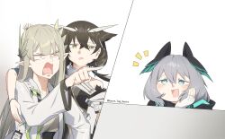 Rule 34 | 3girls, arknights, arm around shoulder, highres, ho&#039;olheyak (arknights), house tag denim, meme, muelsyse (arknights), multiple girls, pointing, pointing at another, shouting, silence (arknights), smile, woman yelling at cat (meme)