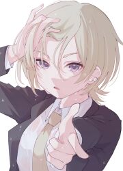 Rule 34 | 1girl, adjusting hair, black suit, blonde hair, collared shirt, formal, highres, jacket, long sleeves, looking at viewer, love live!, love live! nijigasaki high school idol club, mia taylor, necktie, notyu maru, parted lips, pointing, pointing at viewer, purple eyes, shirt, short hair, solo, suit, upper body, white shirt, yellow necktie