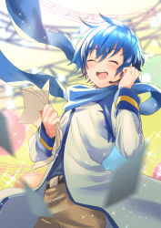 Rule 34 | 1boy, anniversary, beamed eighth notes, belt, blue hair, blue scarf, blurry, blurry background, blurry foreground, brown pants, coat, commentary, cowboy shot, closed eyes, facing viewer, hand on headphones, headset, highres, holding, holding paper, kaito (vocaloid), kikuchi mataha, male focus, musical note, open mouth, pants, paper, quarter note, scarf, smile, sparkle, staff (music), treble clef, vocaloid, white coat
