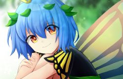 Rule 34 | 1girl, black dress, black sleeves, blue hair, butterfly wings, closed mouth, dress, eternity larva, eyes visible through hair, green dress, hair between eyes, highres, insect wings, leaf, leaf on head, looking to the side, multicolored clothes, multicolored dress, short hair, short sleeves, sitting, smile, solo, touhou, tree, upper body, wings, yu cha
