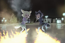 Rule 34 | 10s, 2girls, animal ears, back to the future, black hair, blonde hair, blush, bow, bowtie, chromatic aberration, common raccoon (kemono friends), controller, fennec (kemono friends), fire, fox ears, fox tail, gloves, kemono friends, lamppost, multicolored hair, multiple girls, night, night sky, open mouth, parody, personification, raccoon ears, raccoon tail, remote control, short hair, short sleeves, skirt, sky, smile, tail, tree, ueyama michirou