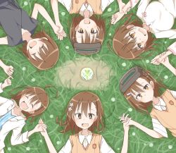 Rule 34 | 6+girls, child, circle formation, day, dolly (toaru kagaku no railgun), gekota, goggles, goggles on head, grass, grasslands, head-mounted display, highres, holding hands, last order (toaru majutsu no index), looking at viewer, lying, lying on ground, misaka imouto, misaka mikoto, misaka worst, multiple girls, on back, open mouth, outdoors, pen ag, school uniform, siblings, sisters, smile, sweater vest, toaru kagaku no railgun, toaru majutsu no index, tokiwadai school uniform, upper body