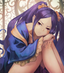 Rule 34 | 1girl, cheek rest, collarbone, fate/grand order, fate (series), frown, hair ornament, hands on own knees, highres, long hair, looking at viewer, mori yashiro (konkon oyashiro), parted bangs, purple hair, red eyes, scrunchie, solo, twintails, very long hair, wide sleeves, wu zetian (fate), wu zetian (first ascension) (fate)