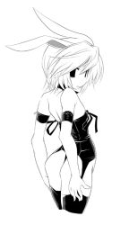 Rule 34 | 1girl, animal ears, armband, ass, back, choker, flat chest, greyscale, hermmy, kagamine rin, looking back, monochrome, oppai kenmin, panties, rabbit ears, short hair, simple background, solo, thighhighs, thong, underwear, vocaloid