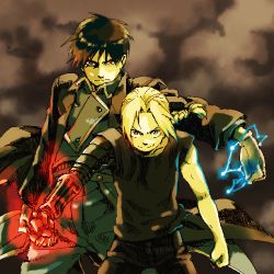 Rule 34 | 2boys, automail, behind another, black background, black hair, black pants, black shirt, blonde hair, braid, clenched hand, coat, edward elric, electricity, energy, fighting stance, fullmetal alchemist, gloves, grin, looking at viewer, lowres, male focus, mattsu, multiple boys, outstretched arm, pants, red eyes, roy mustang, serious, shirt, simple background, smile, uniform, yellow eyes