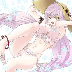 Rule 34 | 1girl, ankle braclet, bikini, breasts, fuzzy balls, green eyes, hat, k-project, large breasts, long hair, looking at viewer, navel, neko (k-project), one eye closed, otonagi, pink hair, snowflakes, solo, straw hat, swimsuit, very long hair