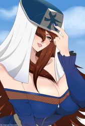 Rule 34 | 1girl, absurdres, bare shoulders, breasts, cleavage, green eyes, hair over one eye, hat, highres, huge breasts, impure doncelle, kage hat, large breasts, lips, looking at viewer, nail polish, naruto, naruto (series), naruto shippuuden, parted lips, solo, terumi mei, upper body