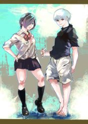 Rule 34 | 1boy, 1girl, absurdres, arm at side, barefoot, black eyes, black footwear, black shirt, black skirt, black socks, bow, bowtie, full body, grey hair, grey shirt, grey shorts, hair over one eye, hand on own hip, heterochromia, highres, kaneki ken, kirishima touka, kneehighs, kyuuba melo, letterboxed, looking at viewer, miniskirt, multicolored background, official style, red bow, red bowtie, red eyes, shirt, shoes, short hair, short sleeves, shorts, skirt, smile, socks, standing, tokyo ghoul
