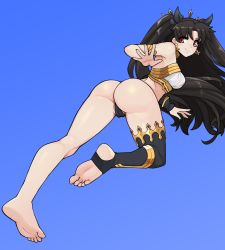 Rule 34 | 1girl, armlet, black hair, breasts, closed mouth, donburi (donburikazoku), earrings, fate/grand order, fate (series), highres, ishtar (fate), jewelry, long hair, looking at viewer, neck ring, red eyes, simple background, single thighhigh, smile, solo, thighhighs, toeless legwear
