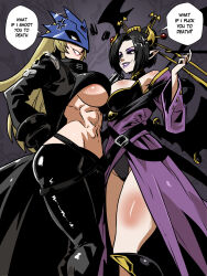 2girls abs anger_vein bare_shoulders beelstarmon black_coat black_hair black_leotard black_pants black_shirt black_wings blonde_hair breasts cleavage coat commentary cropped_shirt demon_girl demon_horns demon_wings digimon english_commentary english_text eyeshadow highres horns japanese_clothes kimono kukuruyo large_breasts leotard lilithmon long_hair makeup medium_hair midriff multiple_girls multiple_wings navel pants purple_eyeshadow purple_kimono purple_lips revealing_clothes shirt smirk speech_bubble third_eye underboob wings