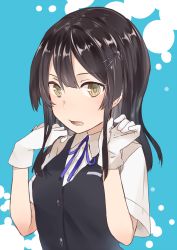 Rule 34 | 10s, 1girl, black hair, black vest, blue ribbon, buttons, collared shirt, dress shirt, gloves, hair ornament, hairpin, hands up, kantai collection, long hair, looking at viewer, neck ribbon, open mouth, oyashio (kancolle), ribbon, school uniform, shirt, short sleeves, simple background, solo, upper body, vest, white gloves, white shirt, yellow eyes, yuna (yukiyuna)