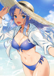 Rule 34 | 1girl, :d, beach, bikini, blue bikini, blue eyes, blue hair, blue lips, blue nails, blue sky, blush, braid, breasts, cleavage, cloud, collarbone, commentary, cowboy shot, day, doushimasho, fate/stay night, fate (series), front-tie bikini top, front-tie top, groin, hand on headwear, hat, jacket, jewelry, large breasts, long hair, medea (fate), nail polish, navel, necklace, ocean, open clothes, open jacket, open mouth, outdoors, pointy ears, sand, side-tie bikini bottom, side braid, sky, smile, solo, sparkle, stomach, straw hat, sunlight, sweat, swimsuit, thighs