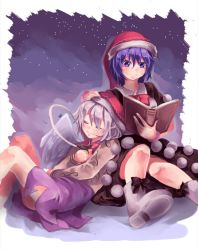 Rule 34 | 2girls, ankle boots, arm across waist, blue eyes, blue hair, blush, book, boots, closed eyes, doremy sweet, dress, gradient background, hand on another&#039;s head, hand on own chest, hat, highres, jacket, kishin sagume, knees up, layered dress, leaning on person, multiple girls, nightcap, open book, pom pom (clothes), purple background, purple dress, reading, reclining, santa hat, shometsu-kei no teruru, short dress, short hair, silver hair, single wing, sky, smile, star (sky), starry sky, tail, tapir tail, touhou, wings, yuri