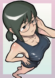 Rule 34 | 00s, 1girl, adjusting eyewear, barefoot, black eyes, breasts, covered erect nipples, foreshortening, from above, glasses, gokujou seitokai, green hair, hida sayuri, hijiri rei, large breasts, looking at viewer, looking up, md5 mismatch, one-piece swimsuit, perspective, school swimsuit, short hair, solo, swimsuit