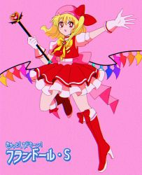 Rule 34 | 1990s (style), 1girl, blonde hair, boots, bow, cardcaptor sakura, crystal, dress, film grain, flandre scarlet, footwear bow, frilled skirt, frills, gem, gloves, hanadi detazo, hat, high heel boots, high heels, highres, mob cap, open mouth, puffy short sleeves, puffy sleeves, red bow, red eyes, red skirt, red vest, retro artstyle, ribbon, shirt, short hair, short sleeves, side ponytail, simple background, skirt, solo, staff, touhou, translation request, vest, white gloves, white shirt, wings, yellow bow, yellow neckwear