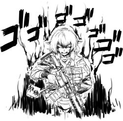 Rule 34 | 1girl, angry, assault rifle, aura, didloaded, female focus, greyscale, gun, load bearing vest, looking at viewer, m4 carbine, magazine (weapon), military, military operator, military uniform, mizuhashi parsee, monochrome, pointy ears, rifle, short hair, simple background, solo, touhou, uniform, weapon