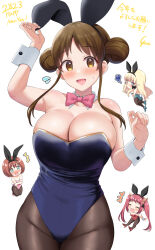 Rule 34 | 2023, 4girls, animal ears, arm up, ayane (princess connect!), bare shoulders, blonde hair, blue leotard, blush, bow, bowtie, breasts, brown eyes, brown hair, chibi, cleavage, cowboy shot, detached collar, dot nose, double bun, english text, fake animal ears, fang, flying sweatdrops, hair bun, hair ribbon, hand up, happy new year, high heels, highres, large breasts, leotard, long hair, multiple girls, new year, open mouth, pantyhose, parted bangs, pink bow, pink bowtie, pink leotard, playboy bunny, pointy ears, princess connect!, rabbit ears, rabbit tail, red hair, red leotard, ribbon, saren (princess connect!), sidelocks, signature, simple background, small breasts, smile, squiggle, strapless, strapless leotard, suzume (princess connect!), tail, twintails, v-shaped eyebrows, white background, wrist cuffs, yue (show-ei)