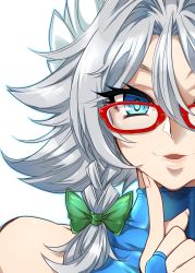 Rule 34 | 1girl, bare shoulders, bespectacled, blue eyes, blue leotard, bow, braid, bridal gauntlets, close-up, eyelashes, finger to own chin, glasses, hair between eyes, hair bow, highres, izayoi sakuya, leotard, looking at viewer, maid headdress, parted lips, pink lips, portrait, red-framed eyewear, shiny skin, short hair, silver hair, simple background, smile, solo, tajima yuuki, touhou, twin braids, upper body, white background