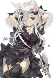 Rule 34 | 1girl, animal ears, arms up, black dress, black thighhighs, blush, breasts, closed mouth, dress, garter straps, hair ornament, hair over one eye, large breasts, long hair, original, rayvon, red eyes, sidelocks, silver hair, simple background, solo, tail, thighhighs, thighs, white background
