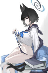 Rule 34 | 1girl, absurdres, animal ears, black eyes, black hair, black panties, black sailor collar, blue archive, blue halo, blue neckerchief, book, breasts, cat ears, cat tail, chinoryuu, feet out of frame, groin, halo, haori, highres, japanese clothes, kikyou (blue archive), long sleeves, looking at viewer, medium breasts, multiple tails, navel, neckerchief, panties, parted lips, revision, sailor collar, school uniform, serafuku, short hair, solo, tail, two tails, underwear