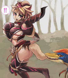 Rule 34 | !, !!, 1girl, anklet, armor, ass, bad id, bad pixiv id, blonde hair, bow, bowtie, breasts, claws, gradient background, grey eyes, jewelry, large breasts, monster hunter (series), no panties, parody, short hair, speech bubble, stygian zinogre (armor), thighhighs, tree, underboob, ussa-san, velociprey, zinogre (armor)