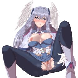 Rule 34 | 1girl, absurdres, breasts, breasts out, cum, cum in pussy, head wings, heart, heart-shaped pupils, highres, large breasts, melia antiqua, nipples, silver hair, simple background, solo, spread legs, symbol-shaped pupils, torn clothes, white background, wings, xenoblade chronicles (series), xenoblade chronicles 3, zerocg