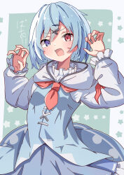 Rule 34 | 1girl, :o, absurdres, blouse, blue eyes, blue hair, blue vest, border, claw pose, collar, commentary, cross-laced vest, fang, flat chest, frilled collar, frills, green background, hair ornament, heterochromia, highres, light blue dress, light blue hair, light blush, long sleeves, looking at viewer, neckerchief, open mouth, red eyes, red neckerchief, saimu taju, shirt, short hair, skin fang, solo, star (symbol), tatara kogasa, touhou, touhou gensou eclipse, translation request, upper body, v-shaped eyebrows, vest, white border, white hood, white shirt, x hair ornament