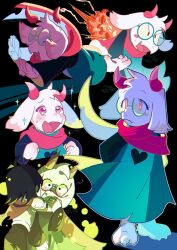 Rule 34 | 1boy, 1other, armor, arms behind back, black background, blush, blush stickers, clenched hands, commentary, deltarune, explosion, furry, furry male, glasses, goat boy, green tunic, heart, highres, horns, hug, kris (deltarune), multiple views, open mouth, pink eyes, ralsei, round eyewear, scarf, senjochi janai, signature, simple background, sweat, symbol-only commentary, tunic