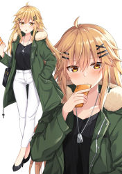 Rule 34 | 1girl, :o, ahoge, bag, black footwear, black shirt, blonde hair, blush, breasts, cellphone, cleavage, closed mouth, collarbone, commentary request, fur-trimmed jacket, fur trim, gluteal fold, green jacket, hair between eyes, hair ornament, hairclip, handbag, high heels, highres, holding, holding phone, jacket, komori kuzuyu, long hair, looking at viewer, multiple views, nao (kuzuyu), no socks, open clothes, open jacket, original, pants, parted lips, phone, ribbed shirt, shirt, shoes, shoulder bag, simple background, small breasts, thigh gap, very long hair, white background, white pants, x hair ornament, yellow eyes