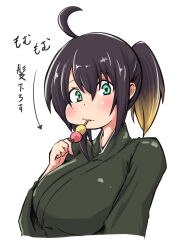 Rule 34 | 1girl, ahoge, blonde hair, brown hair, check translation, cheek bulge, comic, dango, duel monster, food, gradient hair, highres, holding, holding food, japanese clothes, kimono, multicolored hair, ponytail, s-force rappa chiyomaru, simple background, solo, tkool man, translation request, upper body, wagashi, white background, yu-gi-oh!, yukata