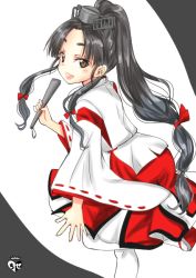 Rule 34 | 1girl, artist logo, black hair, brown eyes, chize, feet out of frame, hair tie, hakama, hakama skirt, high ponytail, japanese clothes, kantai collection, kariginu, long hair, long sleeves, multi-tied hair, nisshin (kancolle), okobo, one-hour drawing challenge, open mouth, red hakama, red ribbon, ribbon, ribbon-trimmed sleeves, ribbon trim, sandals, short eyebrows, skirt, solo, standing, standing on one leg, thick eyebrows, very long hair, white legwear, wide sleeves