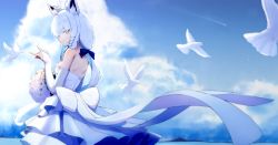 1girl ahoge animal_ears back_bow bird blue_eyes bouquet bow braid breasts bridal_gauntlets cloud cloudy_sky commentary_request dress elbow_gloves flower fox_ears fox_girl fox_shadow_puppet gloves hair_between_eyes hair_bow highres holding holding_bouquet hololive long_hair looking_at_viewer looking_back oukafafafa outdoors shirakami_fubuki sidelocks single_braid sky sleeveless sleeveless_dress small_breasts smile solo strapless strapless_dress virtual_youtuber white_dress white_hair