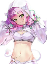 Rule 34 | 1girl, absurdres, blush, breasts, commentary, demon horns, demon tail, demon wings, fake horns, fangs, gloves, green eyes, green gloves, hair ornament, hairpin, heart, heart tattoo, highres, hololive, horns, long hair, looking at viewer, navel, navel piercing, piercing, pink hair, purple gloves, rnjs4967, shrug (clothing), small breasts, smile, solo, strapless, tail, tattoo, tokoyami towa, tokoyami towa (5th costume), tube top, two-sided gloves, virtual youtuber, white gloves, white tube top, winged heart tattoo, wings