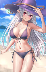 Rule 34 | 1girl, absurdres, armpits, beach, bikini, blue sky, blush, breasts, cleavage, clenched hand, closed mouth, collarbone, commission, day, elf, grey hair, hair between eyes, hand on headwear, hat, highres, lens flare, looking at viewer, medium breasts, navel, nay, ocean, original, outdoors, pointy ears, purple bikini, red eyes, revision, short shorts, shorts, sky, smile, solo, standing, swimsuit, wet, witch hat